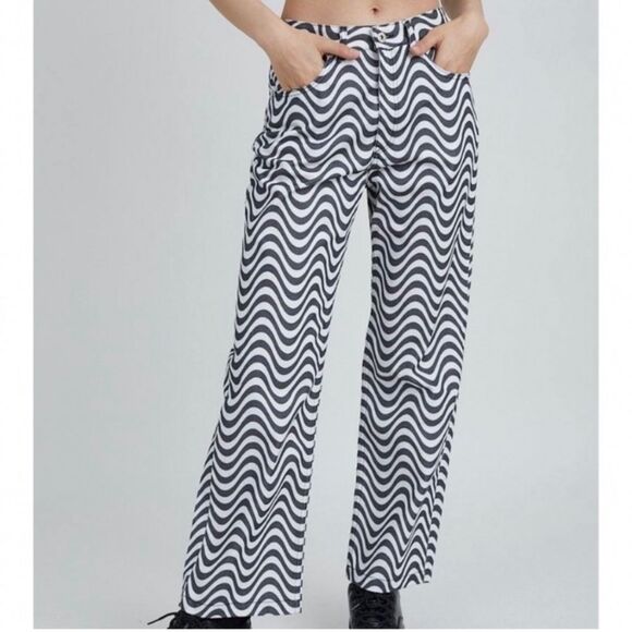 The Ragged Priest Wide Leg Dad Fit Black White Wave Print Jeans Size 24 - Picture 1 of 10